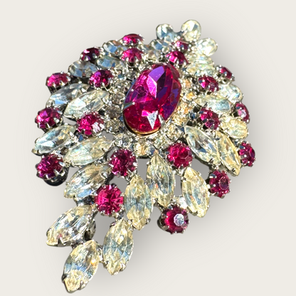 Vintage Fuchsia Foil Back Rhinestone Domed Brooch – Marquise & Round Cut Starburst Pin