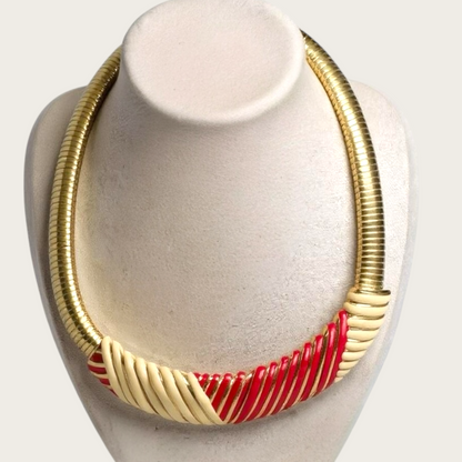Vintage Enamel Omega Collar Necklace | Red & Cream Striped Statement | Bold 1980s Power Glam