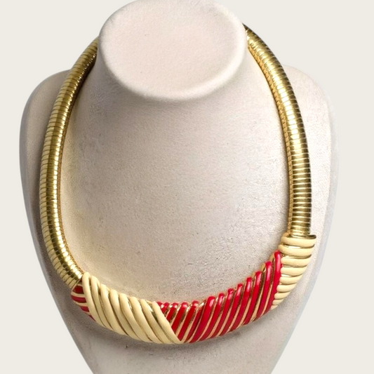 Vintage Enamel Omega Collar Necklace | Red & Cream Striped Statement | Bold 1980s Power Glam