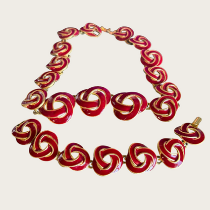 Vintage 1980s–90s Red Enamel Swirl Knot Necklace & Bracelet Set – Designer Quality Statement Jewelry