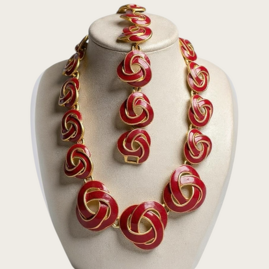 Vintage 1980s–90s Red Enamel Swirl Knot Necklace & Bracelet Set – Designer Quality Statement Jewelry