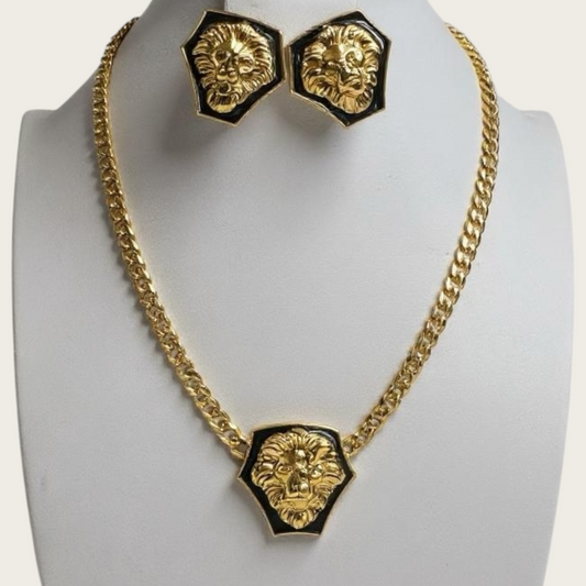 Vintage Anne Klein Lion Head Statement Necklace & Earrings Set | Black Enamel & Gold Tone