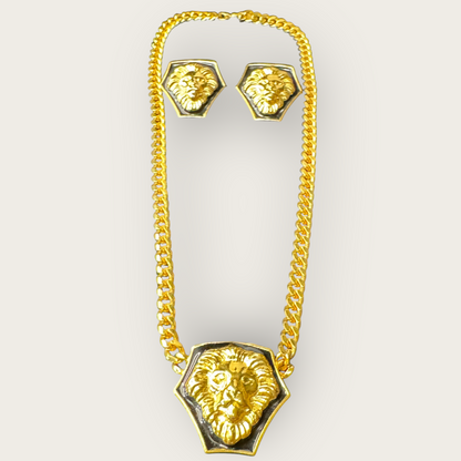 Vintage Anne Klein Lion Head Statement Necklace & Earrings Set | Black Enamel & Gold Tone