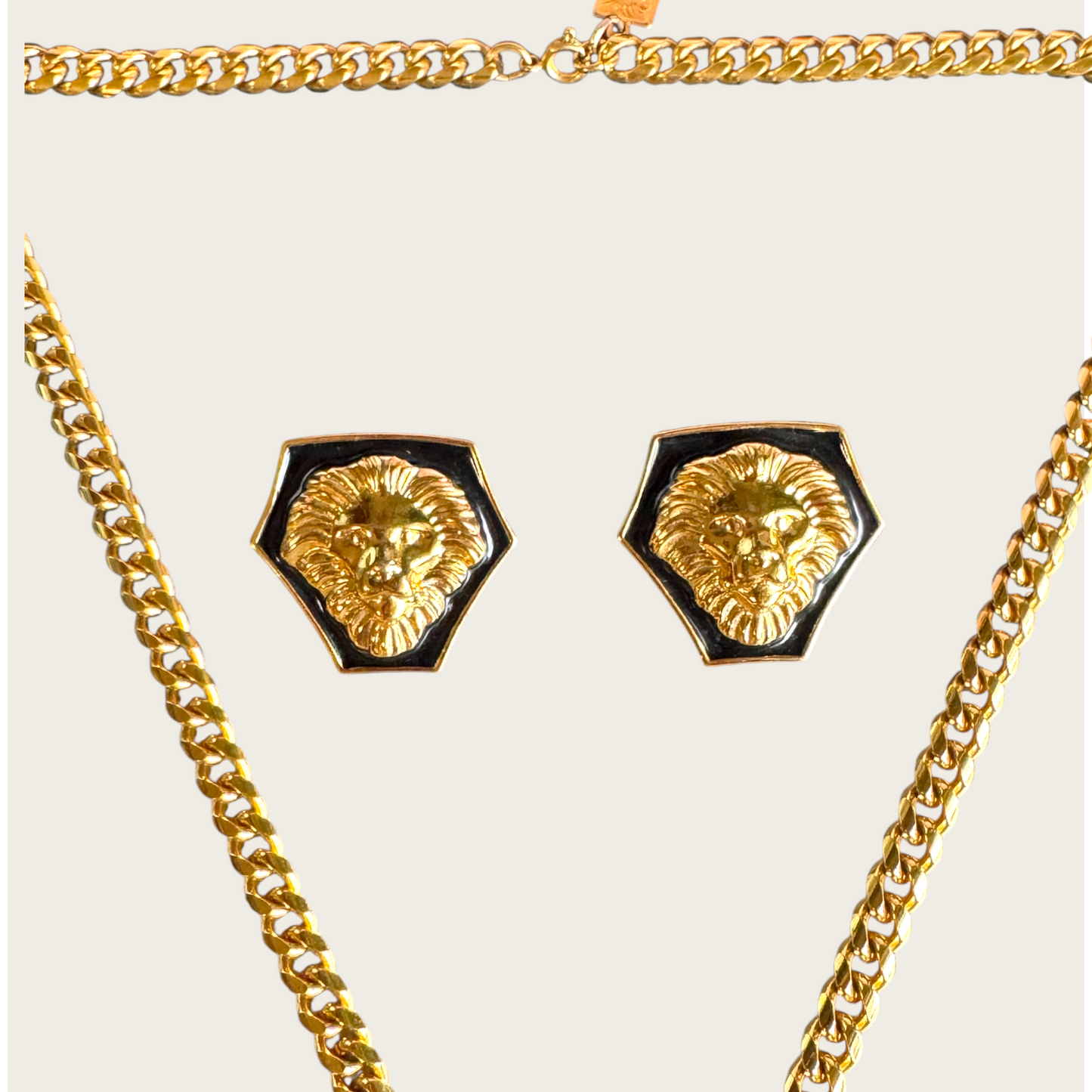 Vintage Anne Klein Lion Head Statement Necklace & Earrings Set | Black Enamel & Gold Tone