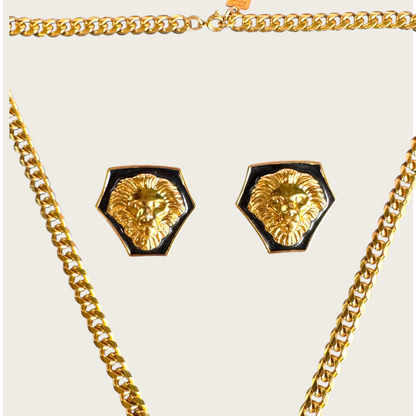 Vintage Anne Klein Lion Head Statement Necklace & Earrings Set | Black Enamel & Gold Tone