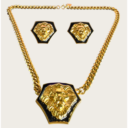 Vintage Anne Klein Lion Head Statement Necklace & Earrings Set | Black Enamel & Gold Tone