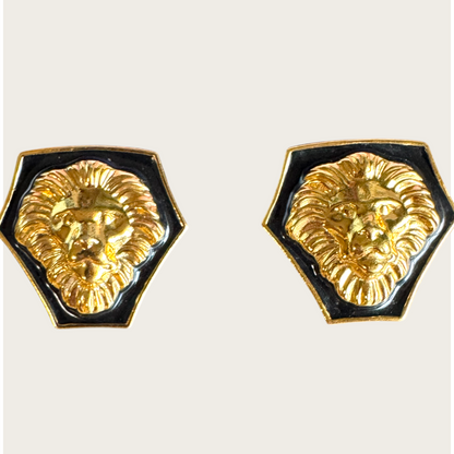 Vintage Anne Klein Lion Head Statement Necklace & Earrings Set | Black Enamel & Gold Tone