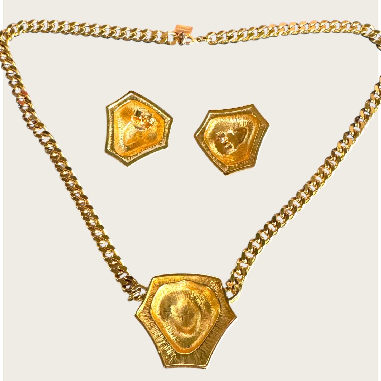 Vintage Anne Klein Lion Head Statement Necklace & Earrings Set | Black Enamel & Gold Tone