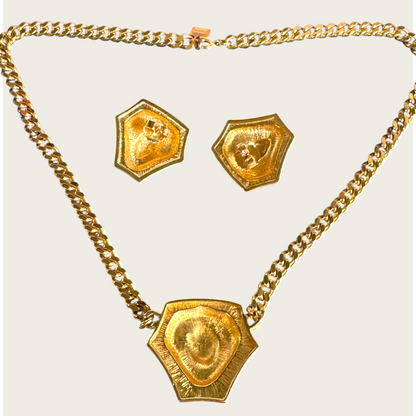 Vintage Anne Klein Lion Head Statement Necklace & Earrings Set | Black Enamel & Gold Tone