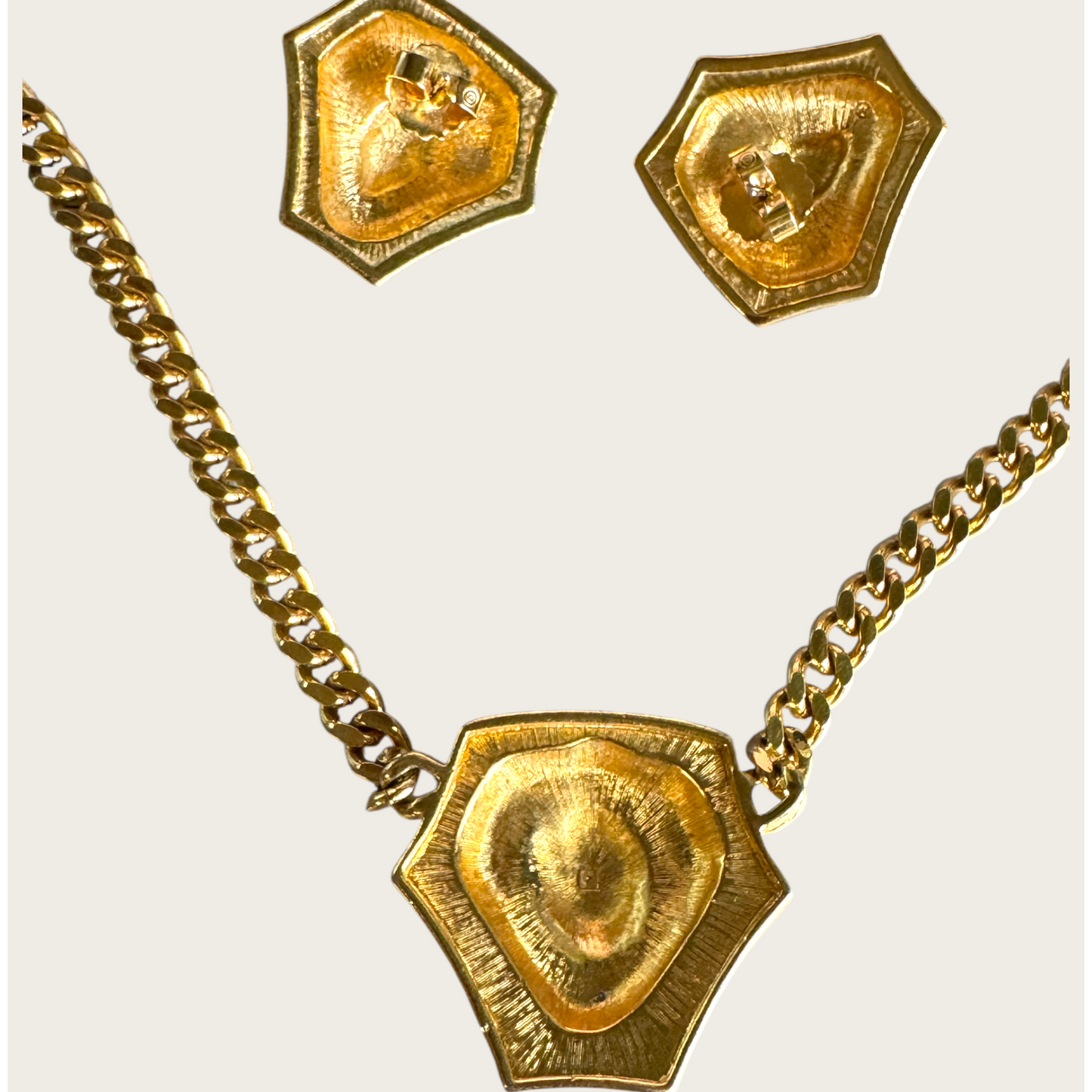 Vintage Anne Klein Lion Head Statement Necklace & Earrings Set | Black Enamel & Gold Tone