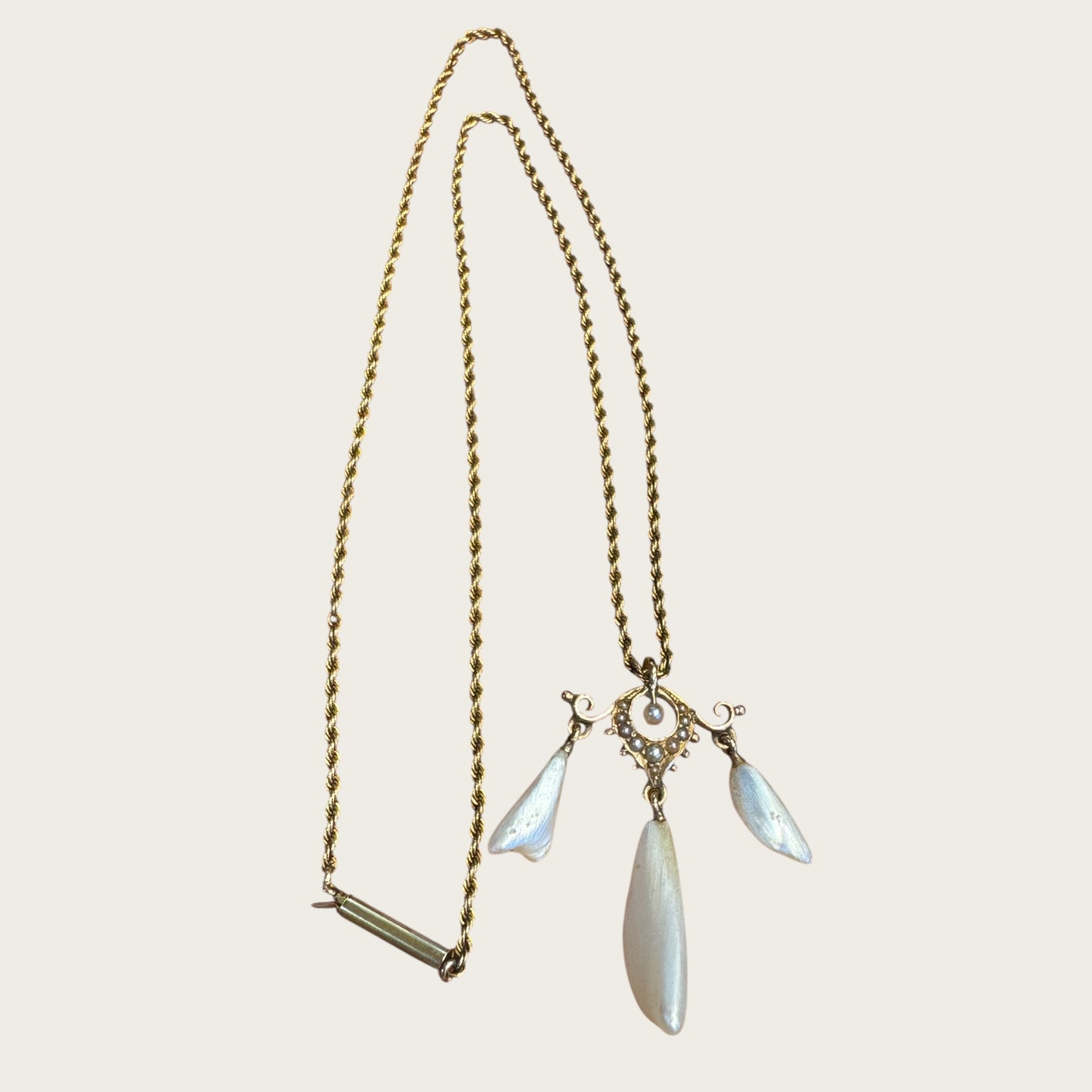 Antique 10K Gold Edwardian Lavalier Pendant Necklace with Seed Pearls & Mother of Pearl Drops
