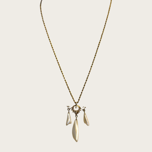 Antique 10K Gold Edwardian Lavalier Pendant Necklace with Seed Pearls & Mother of Pearl Drops