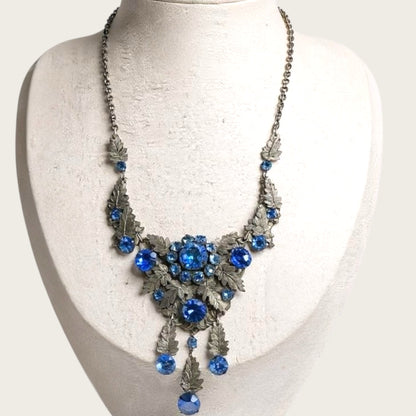 Antique Art Nouveau Czech Blue Glass Rivière Bib Necklace | Leaf Motif Filigree Statement | Circa 1900s | Private Collection