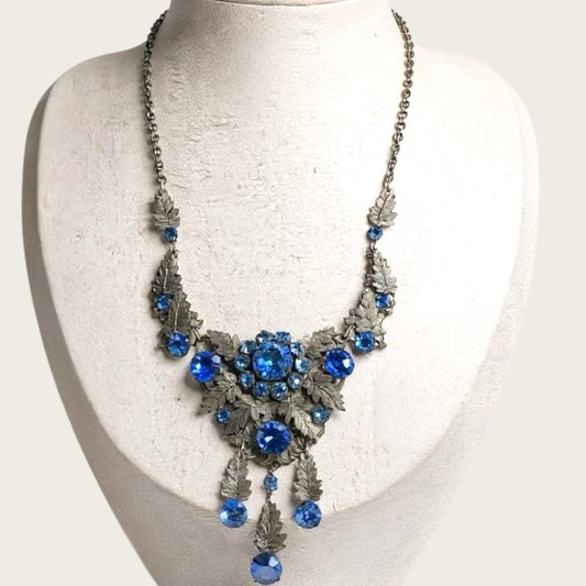 Antique Art Nouveau Czech Blue Glass Rivière Bib Necklace | Leaf Motif Filigree Statement | Circa 1900s | Private Collection