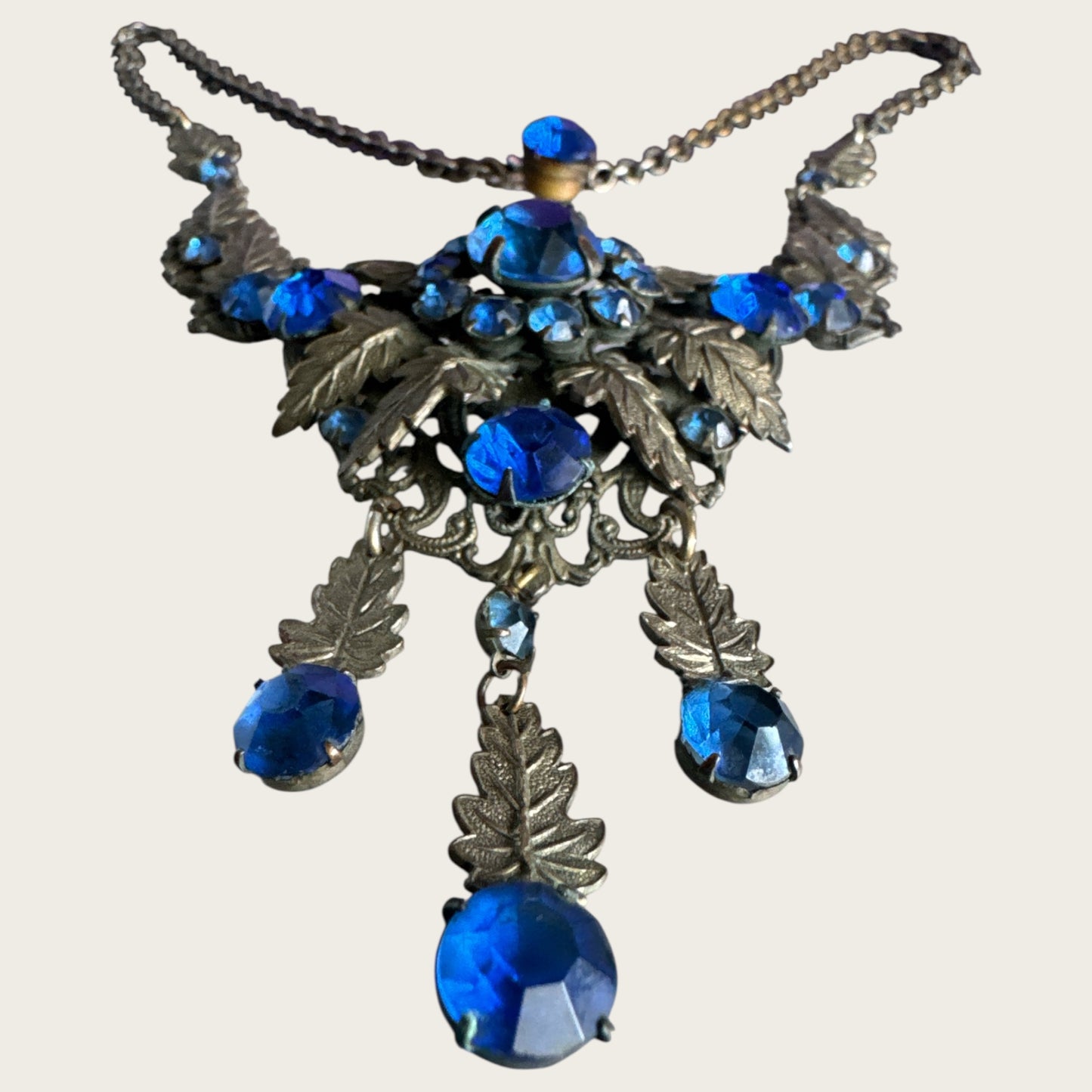 Antique Art Nouveau Czech Blue Glass Rivière Bib Necklace | Leaf Motif Filigree Statement | Circa 1900s | Private Collection