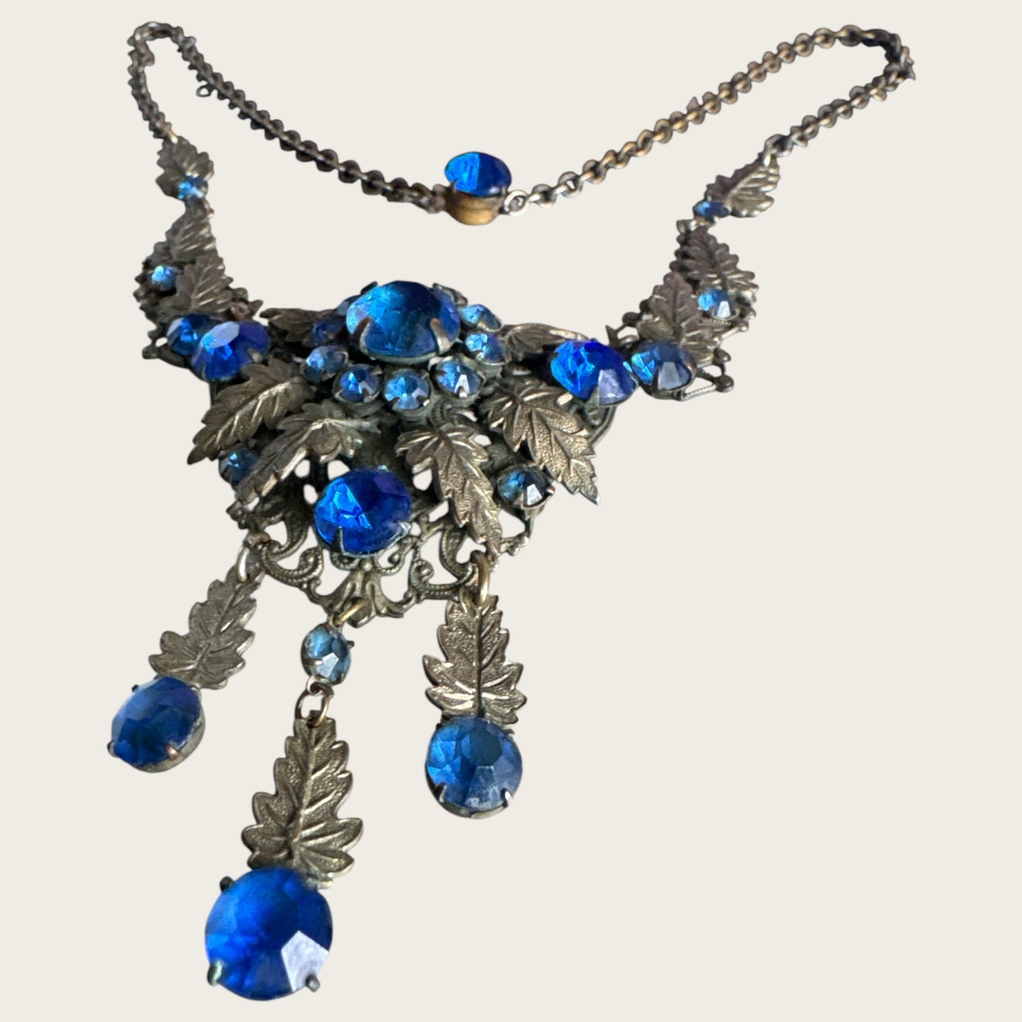 Antique Art Nouveau Czech Blue Glass Rivière Bib Necklace | Leaf Motif Filigree Statement | Circa 1900s | Private Collection