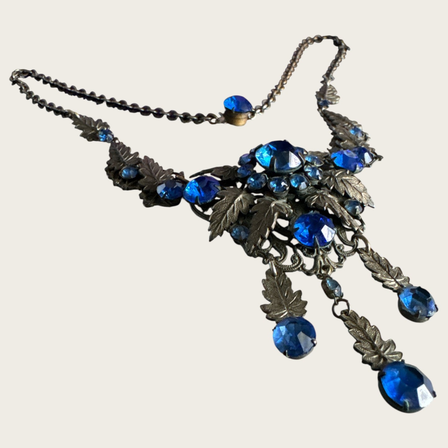 Antique Art Nouveau Czech Blue Glass Rivière Bib Necklace | Leaf Motif Filigree Statement | Circa 1900s | Private Collection