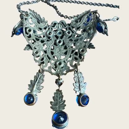 Antique Art Nouveau Czech Blue Glass Rivière Bib Necklace | Leaf Motif Filigree Statement | Circa 1900s | Private Collection