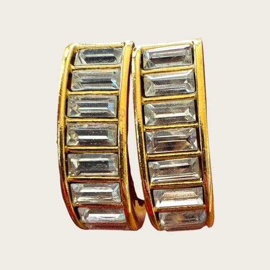 Double Signed Trifari Gold-Tone Hoop Earrings with Baguette Rhinestones | Screw-Back Clip-On