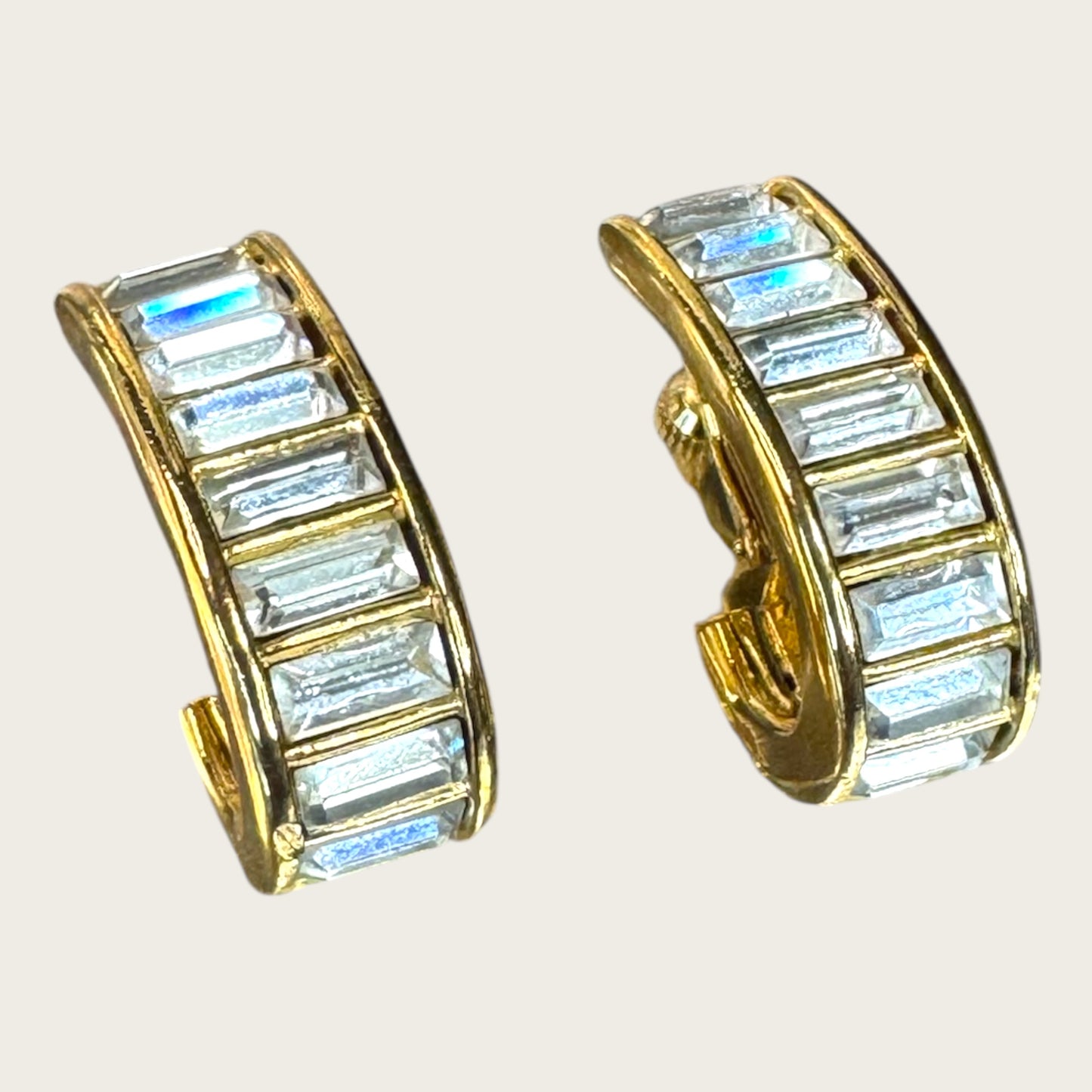 Double Signed Trifari Gold-Tone Hoop Earrings with Baguette Rhinestones | Screw-Back Clip-On