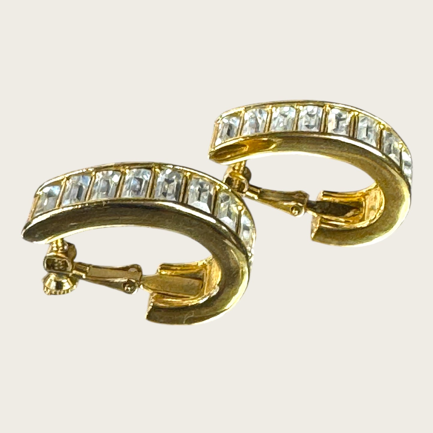 Double Signed Trifari Gold-Tone Hoop Earrings with Baguette Rhinestones | Screw-Back Clip-On