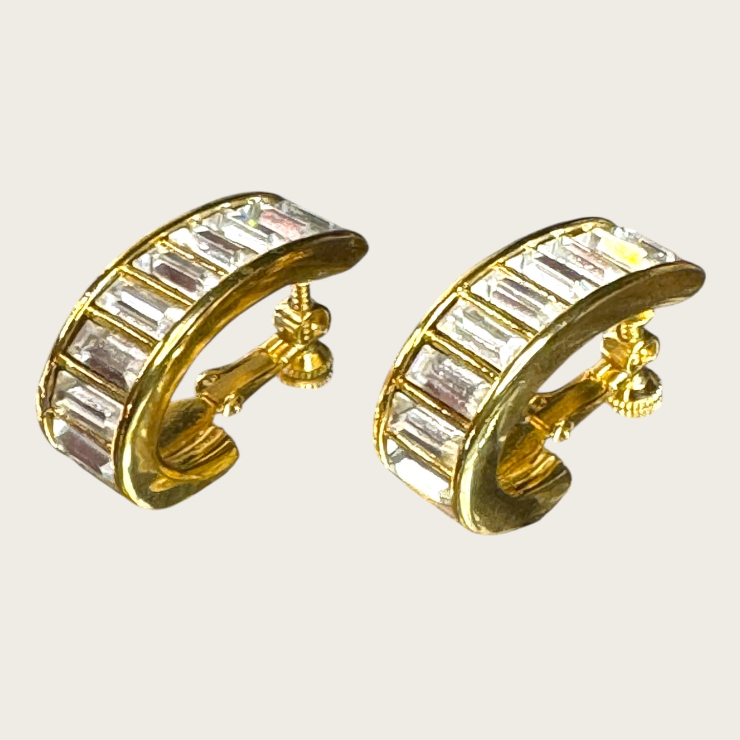 Double Signed Trifari Gold-Tone Hoop Earrings with Baguette Rhinestones | Screw-Back Clip-On