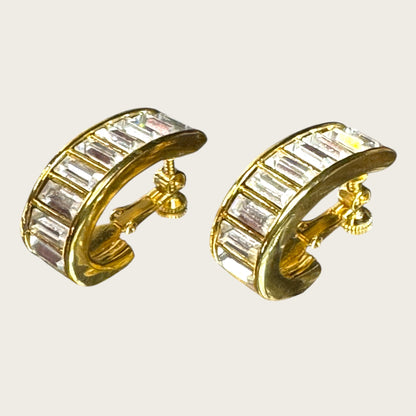 Double Signed Trifari Gold-Tone Hoop Earrings with Baguette Rhinestones | Screw-Back Clip-On