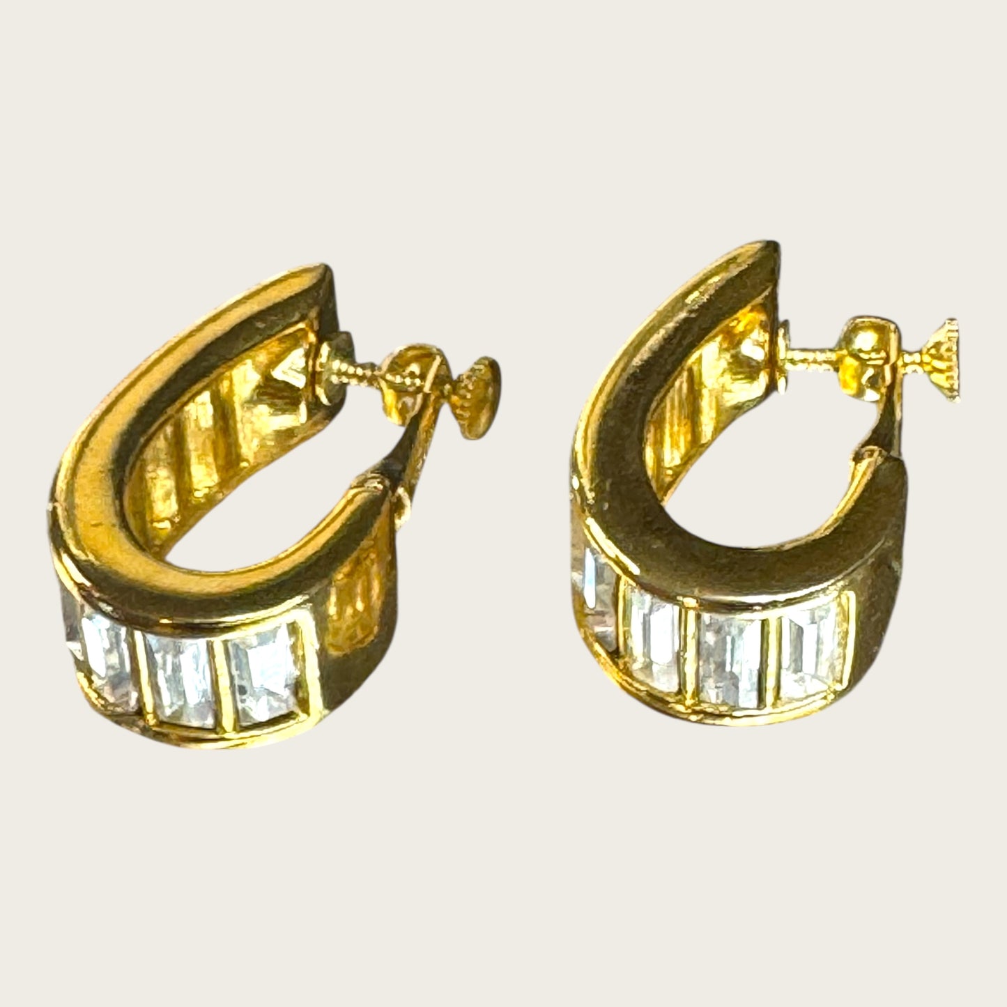 Double Signed Trifari Gold-Tone Hoop Earrings with Baguette Rhinestones | Screw-Back Clip-On