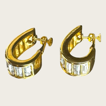 Double Signed Trifari Gold-Tone Hoop Earrings with Baguette Rhinestones | Screw-Back Clip-On