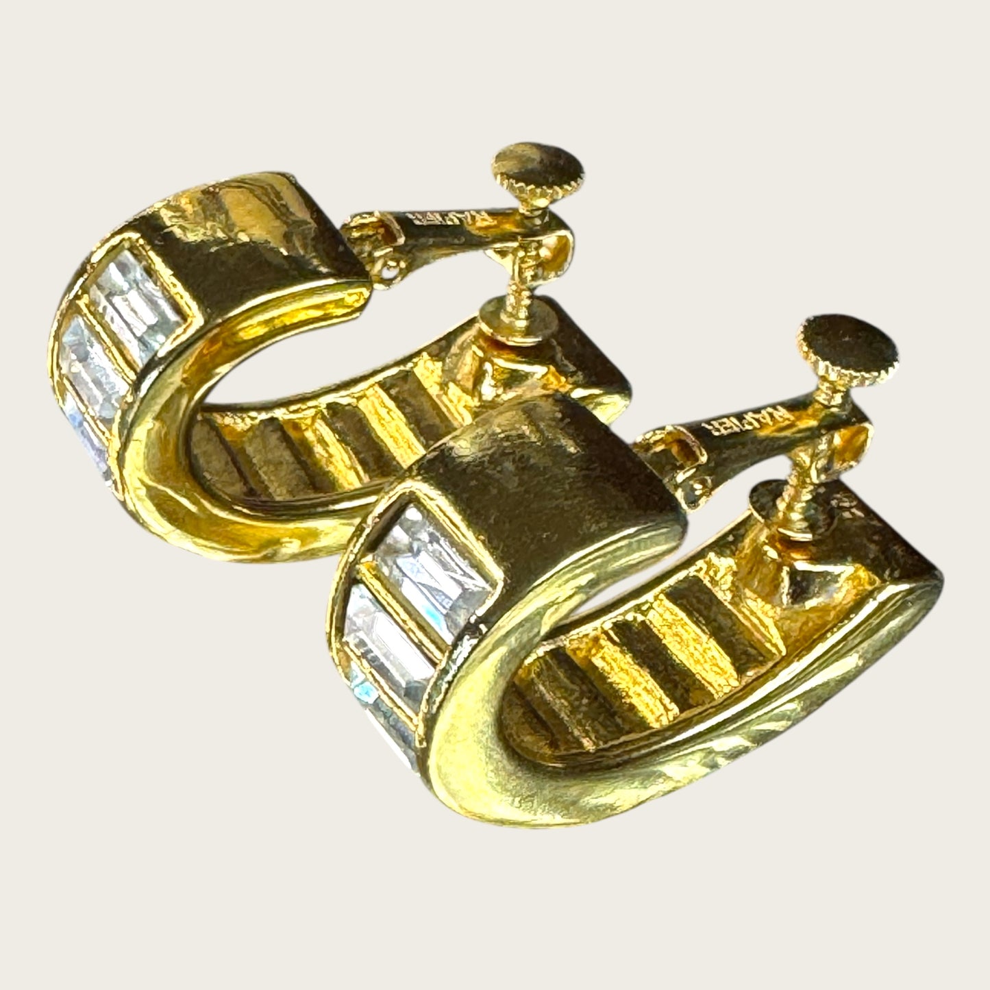 Double Signed Trifari Gold-Tone Hoop Earrings with Baguette Rhinestones | Screw-Back Clip-On