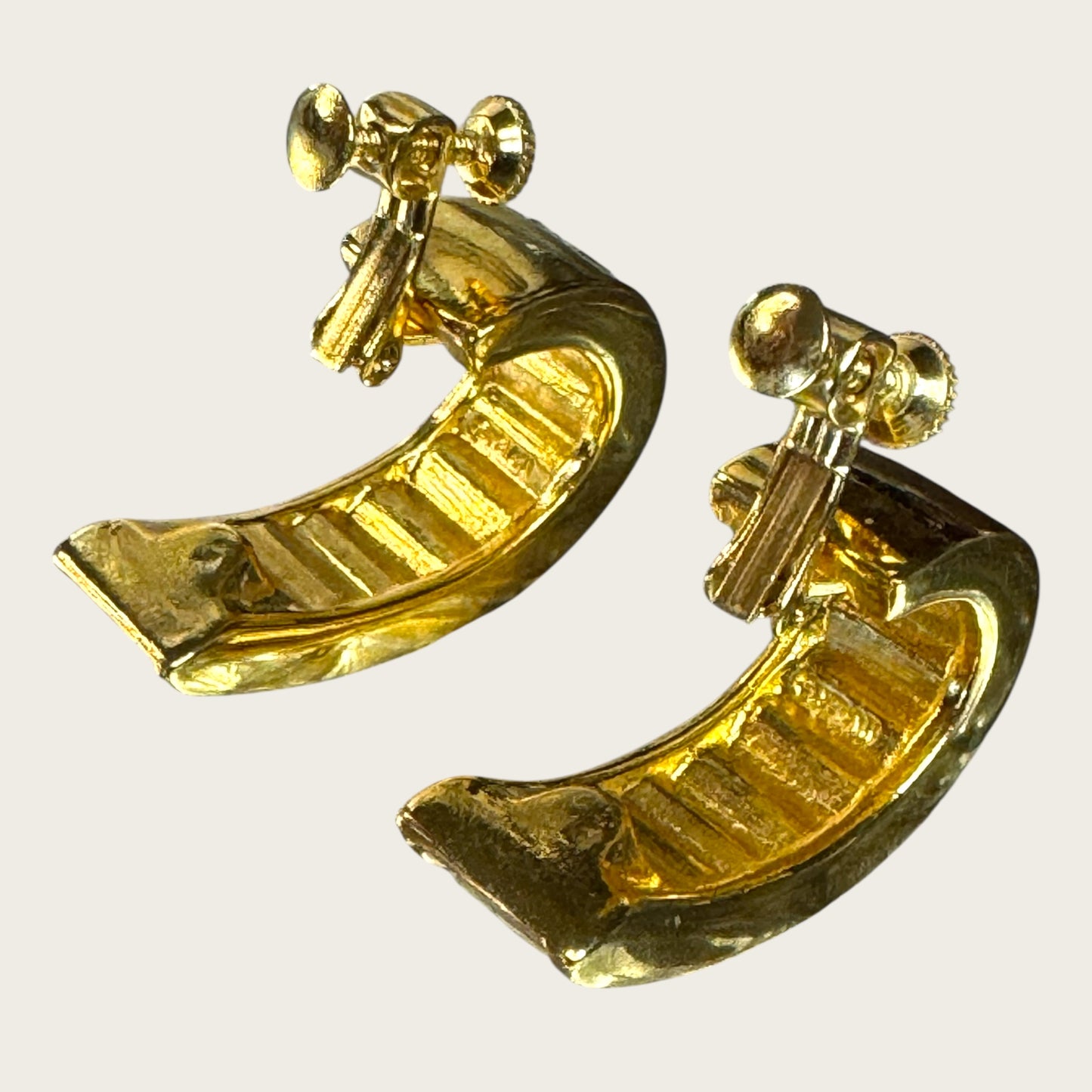 Double Signed Trifari Gold-Tone Hoop Earrings with Baguette Rhinestones | Screw-Back Clip-On