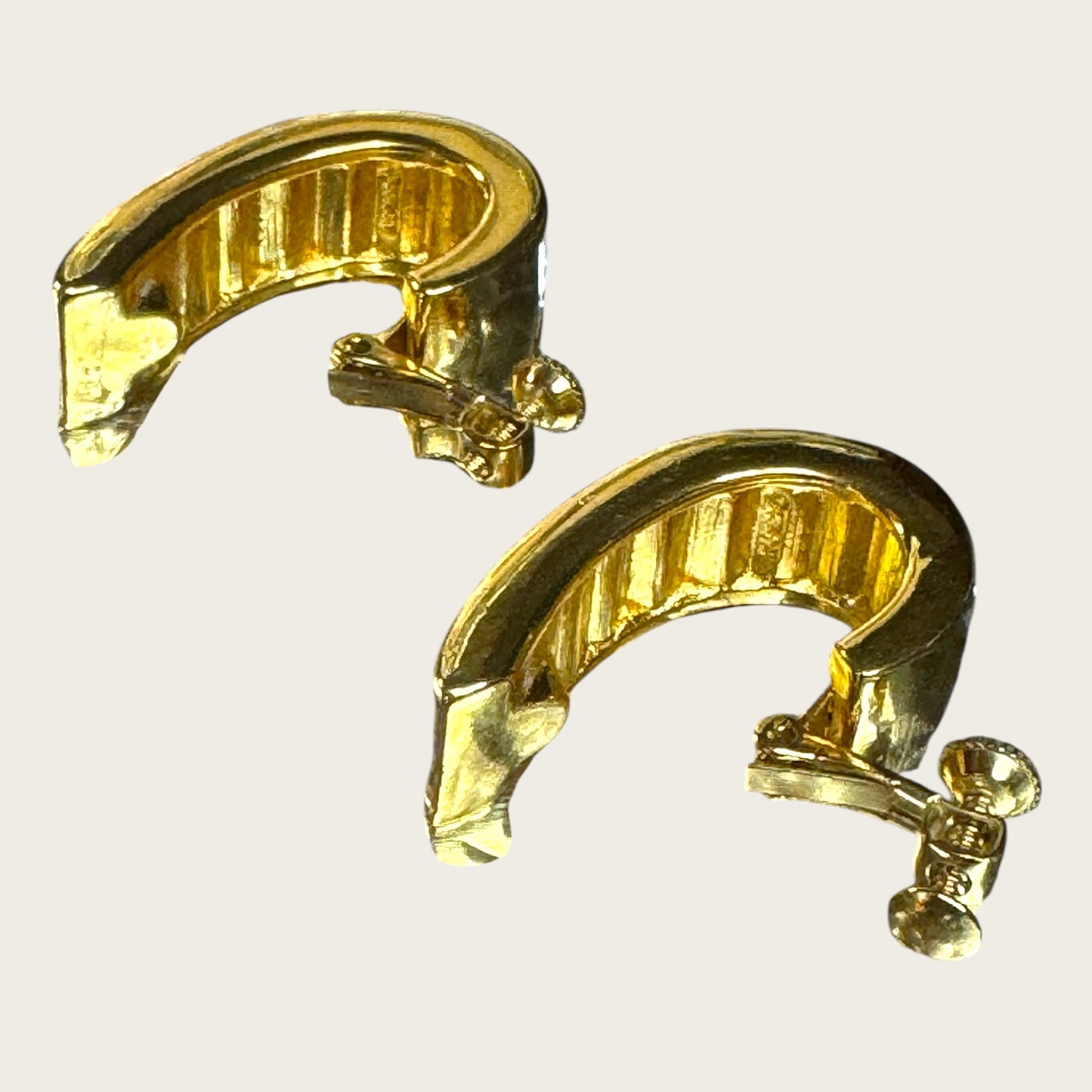 Double Signed Trifari Gold-Tone Hoop Earrings with Baguette Rhinestones | Screw-Back Clip-On