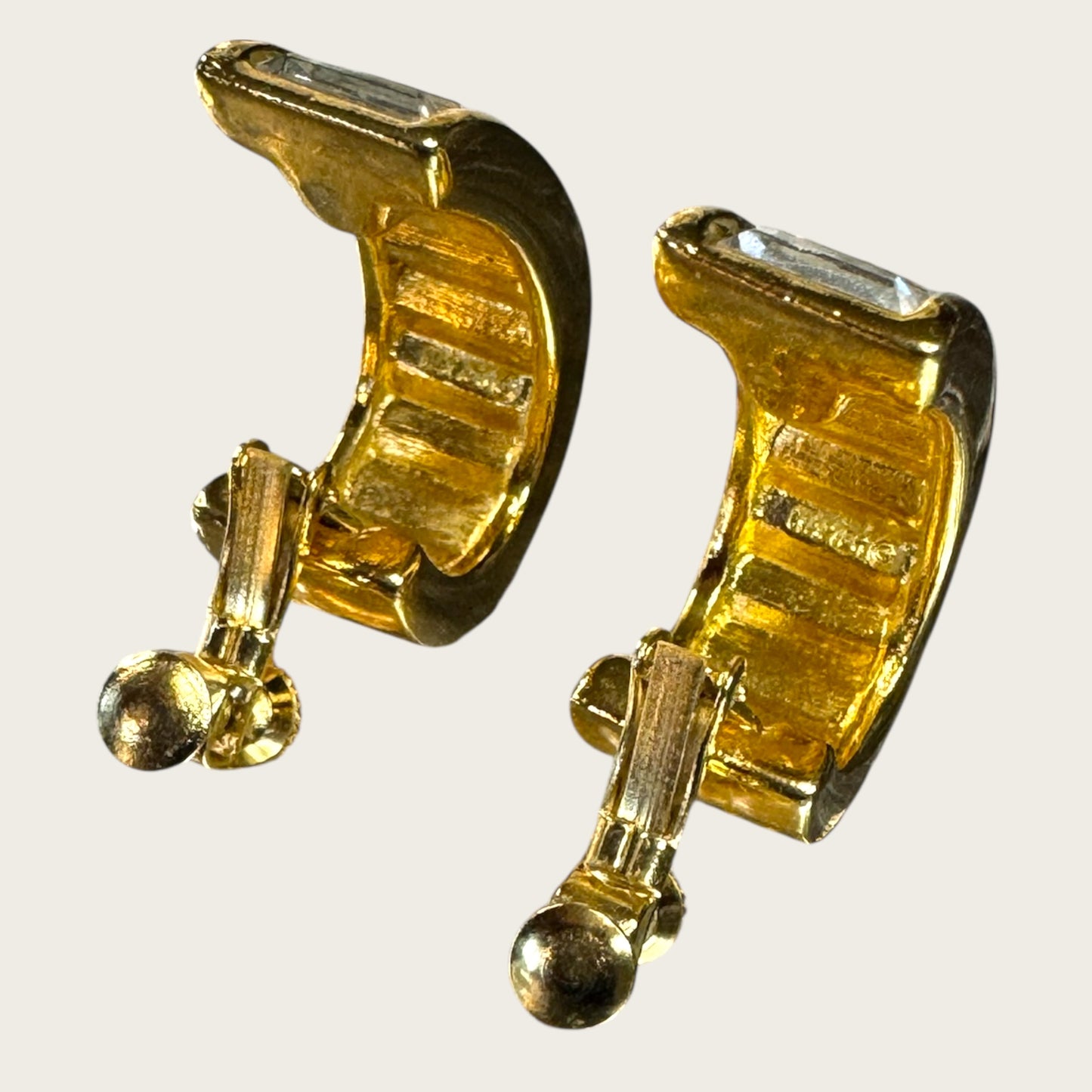 Double Signed Trifari Gold-Tone Hoop Earrings with Baguette Rhinestones | Screw-Back Clip-On