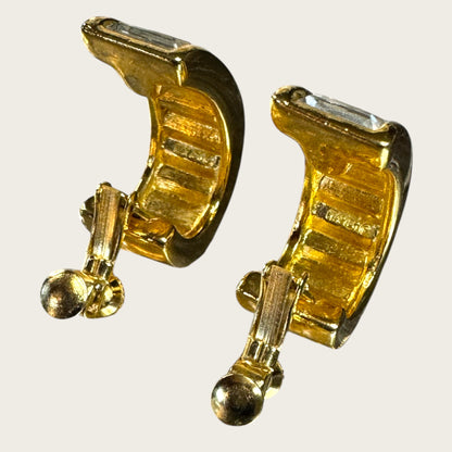 Double Signed Trifari Gold-Tone Hoop Earrings with Baguette Rhinestones | Screw-Back Clip-On