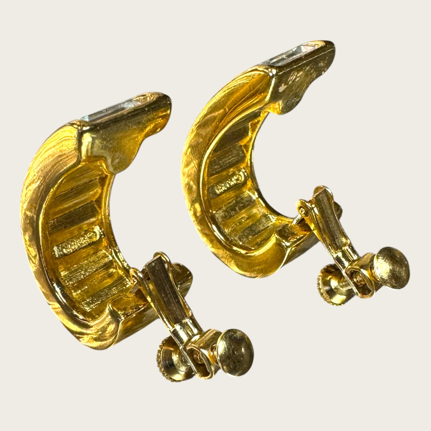 Double Signed Trifari Gold-Tone Hoop Earrings with Baguette Rhinestones | Screw-Back Clip-On