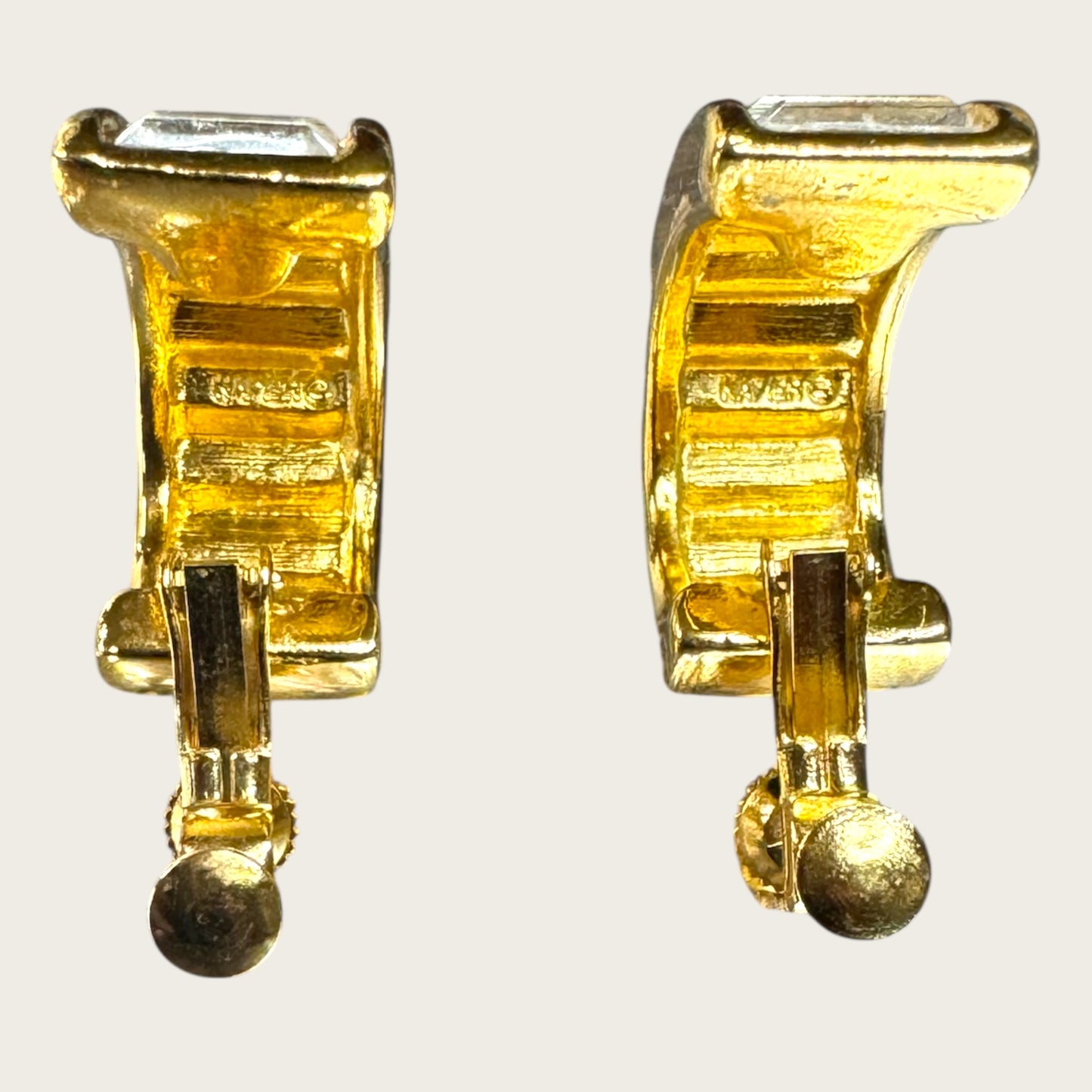 Double Signed Trifari Gold-Tone Hoop Earrings with Baguette Rhinestones | Screw-Back Clip-On