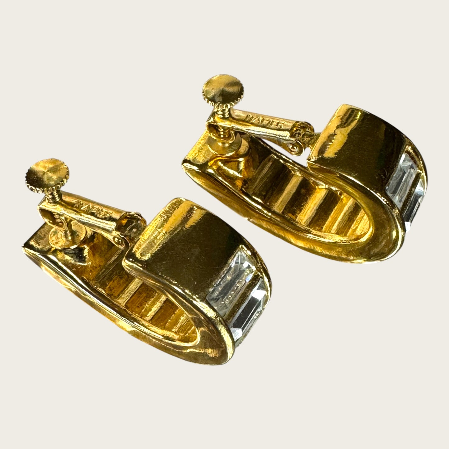 Double Signed Trifari Gold-Tone Hoop Earrings with Baguette Rhinestones | Screw-Back Clip-On