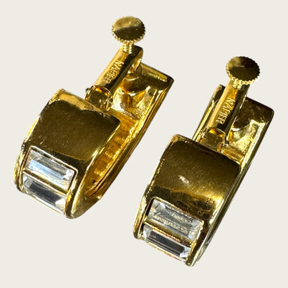 Double Signed Trifari Gold-Tone Hoop Earrings with Baguette Rhinestones | Screw-Back Clip-On