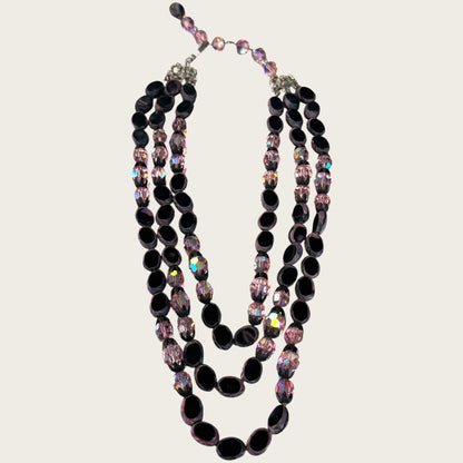 Vintage Hobé Triple Strand Necklace with Czech Glass Picasso Beads & Pink Crystals