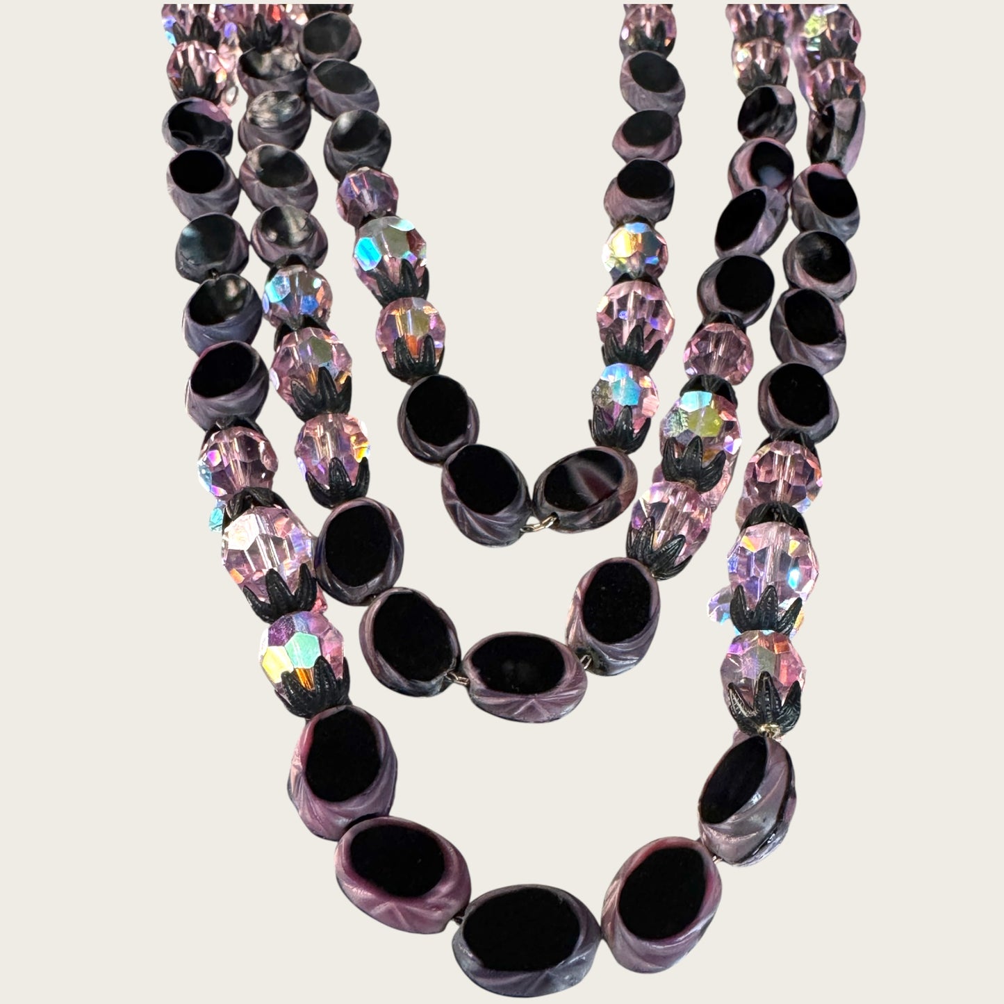 Vintage Hobé Triple Strand Necklace with Czech Glass Picasso Beads & Pink Crystals