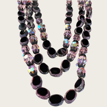 Vintage Hobé Triple Strand Necklace with Czech Glass Picasso Beads & Pink Crystals