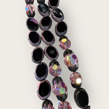 Vintage Hobé Triple Strand Necklace with Czech Glass Picasso Beads & Pink Crystals