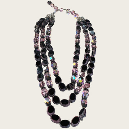 Vintage Hobé Triple Strand Necklace with Czech Glass Picasso Beads & Pink Crystals