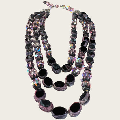 Vintage Hobé Triple Strand Necklace with Czech Glass Picasso Beads & Pink Crystals
