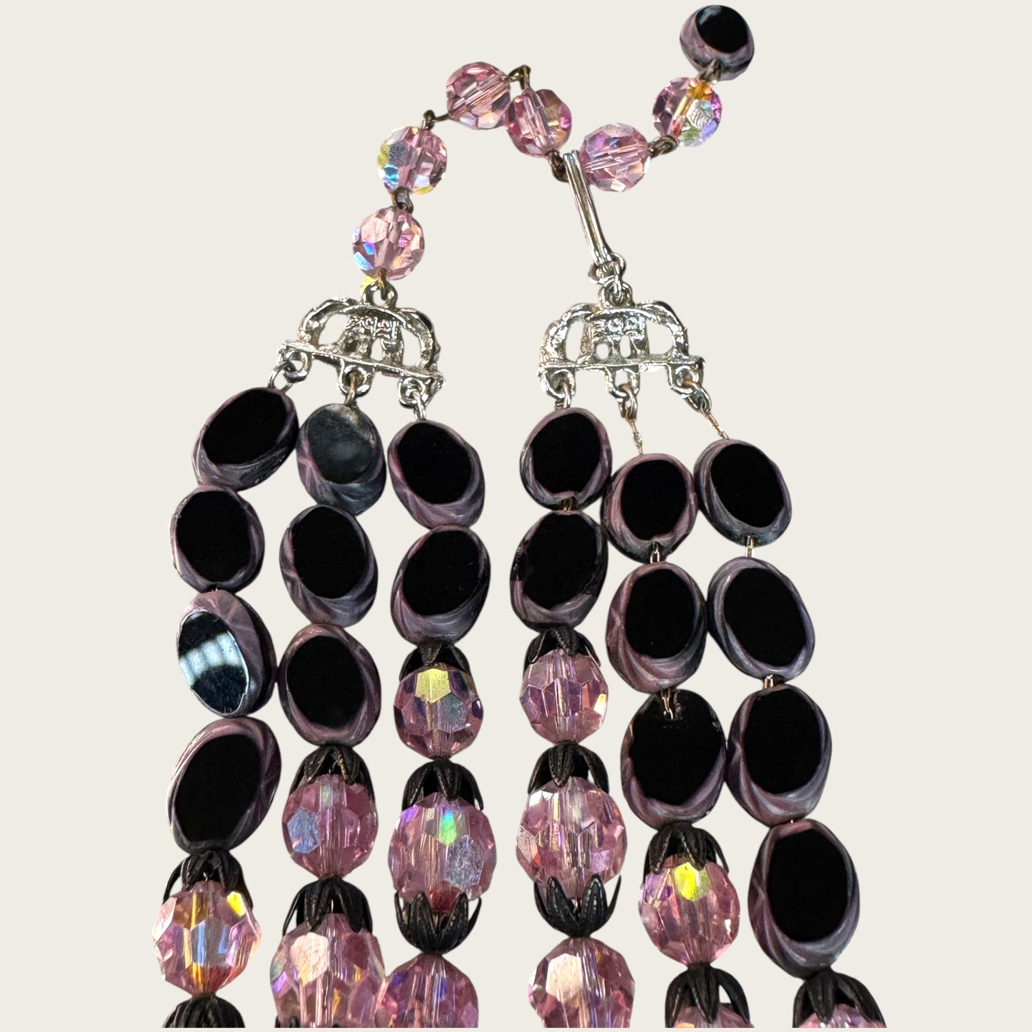Vintage Hobé Triple Strand Necklace with Czech Glass Picasso Beads & Pink Crystals