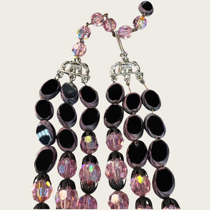 Vintage Hobé Triple Strand Necklace with Czech Glass Picasso Beads & Pink Crystals