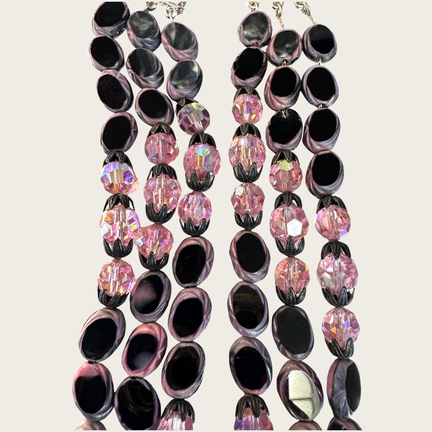 Vintage Hobé Triple Strand Necklace with Czech Glass Picasso Beads & Pink Crystals