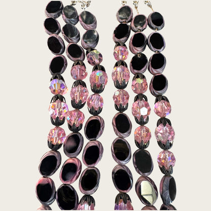 Vintage Hobé Triple Strand Necklace with Czech Glass Picasso Beads & Pink Crystals