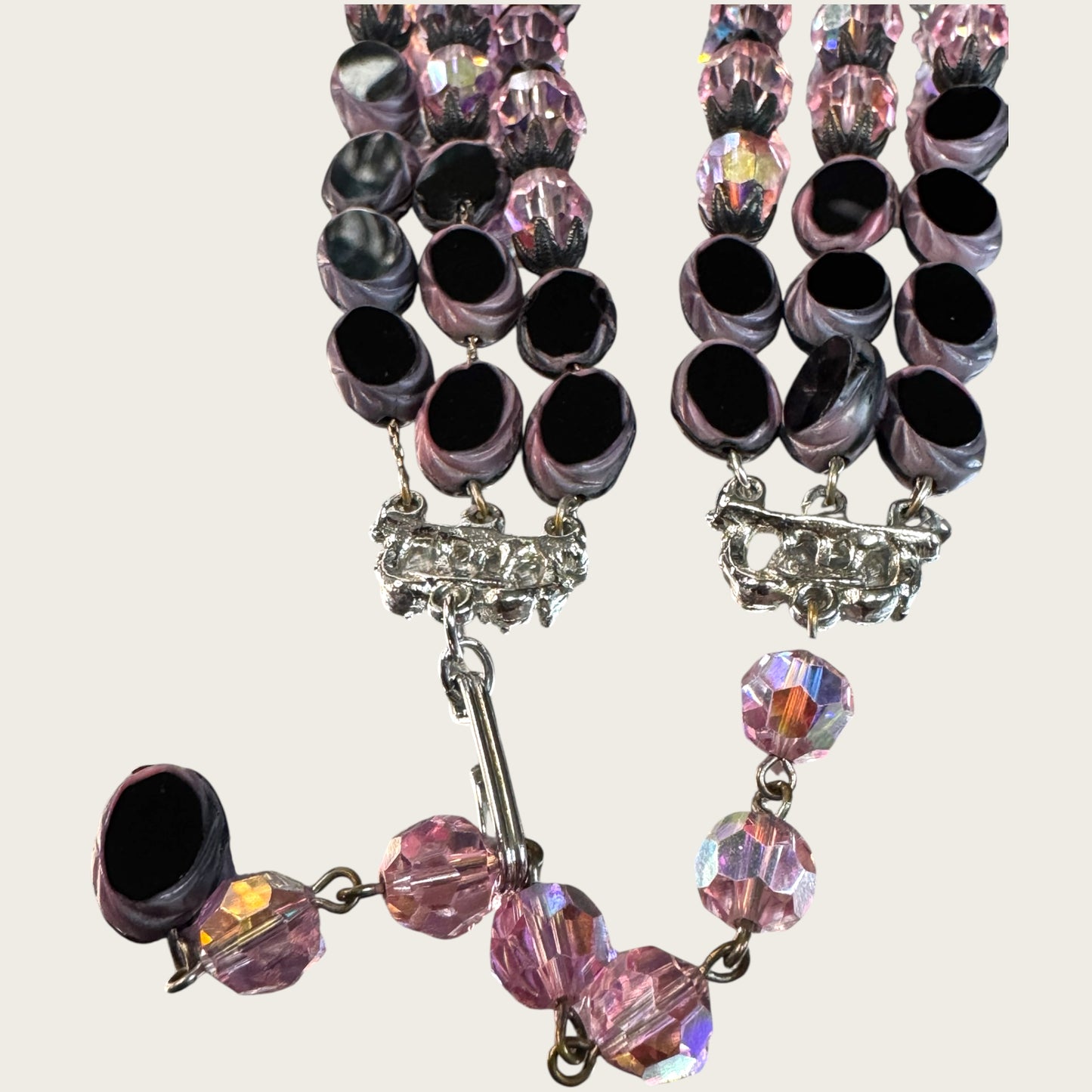 Vintage Hobé Triple Strand Necklace with Czech Glass Picasso Beads & Pink Crystals