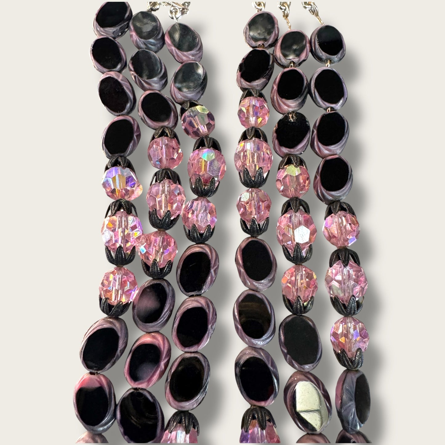 Vintage Hobé Triple Strand Necklace with Czech Glass Picasso Beads & Pink Crystals